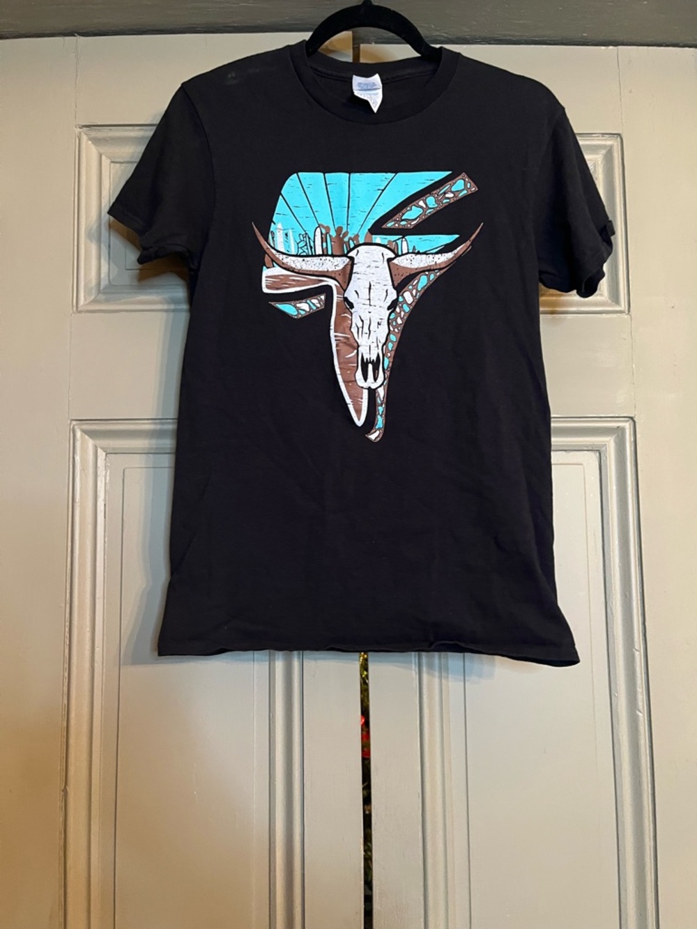 Western Black Graphic Tee with Turquoise & Brown Skull Design
